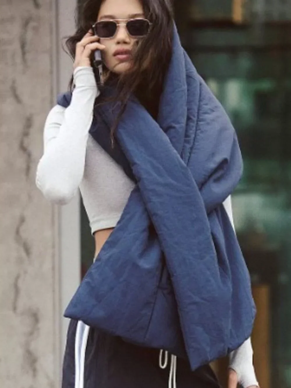 NWT FP Movement Petra Puffer Pocket Scarf OS Long Midnight Navy Blue Travel Cozy